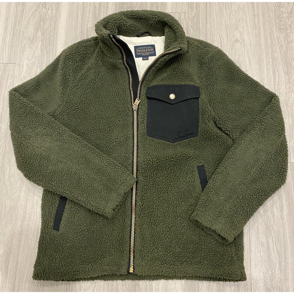 Pendleton Men's Fleece Fuzzy Zip Jacket Coat Green Size M Cotton Polyester